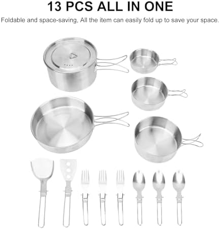13 Piece Camping Cookware Set Stainless Steel Pots and Pans Set with Folding Forks Spoons Spatulas, Portable Lightweight Camping Mess Kit for Backpacking, Outdoor Cooking