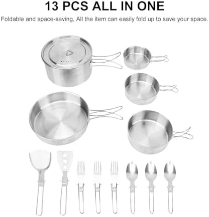 13 Piece Camping Cookware Set Stainless Steel Pots and Pans Set with Folding Forks Spoons Spatulas, Portable Lightweight Camping Mess Kit for Backpacking, Outdoor Cooking