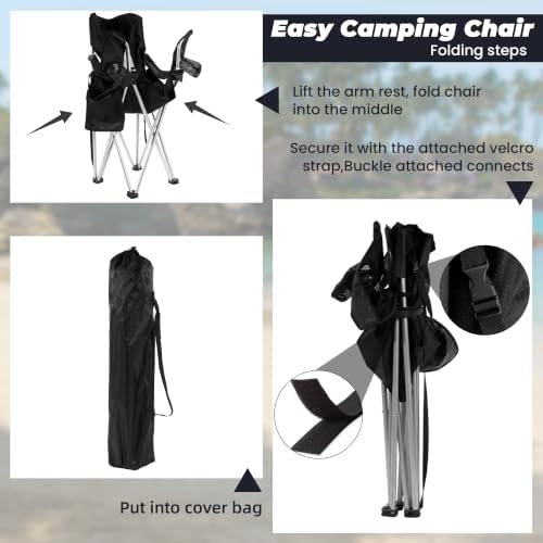 HULKFIT Folding Camping Chairs, Portable Outdoor Beach Lawn Chair for Adults with Carry Bag & Built-in Cup Holder, Casual Foldable Chair for Picnic Fishing Garden,Black