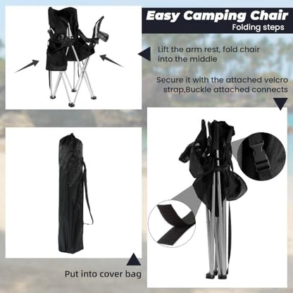 HULKFIT Folding Camping Chairs, Portable Outdoor Beach Lawn Chair for Adults with Carry Bag & Built-in Cup Holder, Casual Foldable Chair for Picnic Fishing Garden,Black