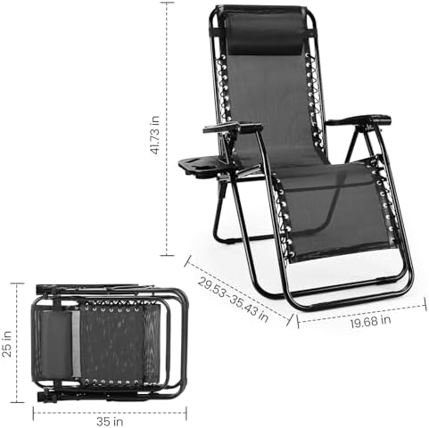 Sweetcrispy Zero Gravity Chairs, Set of 2 Portable Recliner Beach Camping Patio Outdoor Folding Lounge Chair with Cup Holder Trays and Adjustable Pillow for Poolside, Garden, Backyard, Lawn, Black