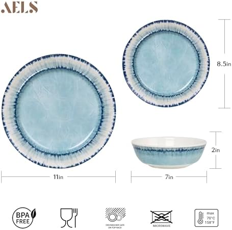 AELS Melamine Dinnerware Set of 12 Pcs Dinner Dishes Set for Indoor and Outdoor Use, Dishwasher Safe, Lightweight Unbreakable, BPA Free, Light Blue
