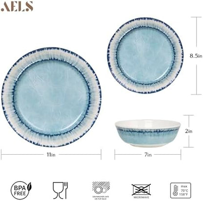 AELS Melamine Dinnerware Set of 12 Pcs Dinner Dishes Set for Indoor and Outdoor Use, Dishwasher Safe, Lightweight Unbreakable, BPA Free, Light Blue