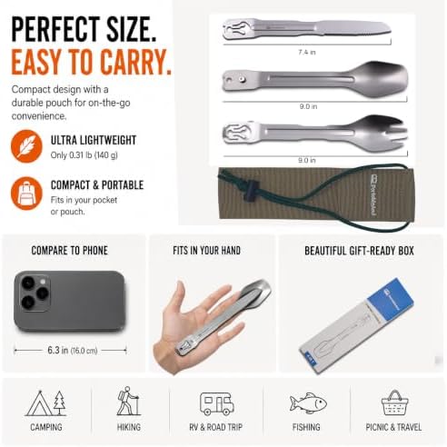 Camping Cutlery Set with Built-in Tongs, 4-in-1 Camping Utensils, Spoon Fork Knife Combo, Compact Stainless Steel Flatware for Camping, Backpacking, Hiking, Picnic, RV & Trave (2-Pack)