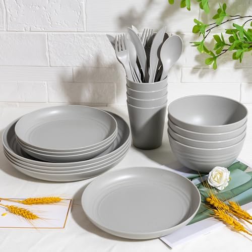 LIYH 28 Pcs Kitchen Plates and Bowls Set, Wheat Straw Dinnerware Sets, Unbreakable Plates and Bowls Sets for 4, Reusable Plate Wheat Straw Dishes Set for Daily & Camping, Light Grey Kitchen Decor
