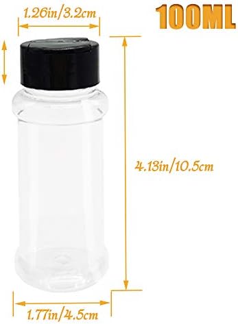 OJYUDD 16 Pack 3.4oz/100ml Plastic Spice Bottles Set,Empty Seasoning Containers with Black Cap,Clear Reusable Containers Jars for Spice,Herbs,Powders,Glitters