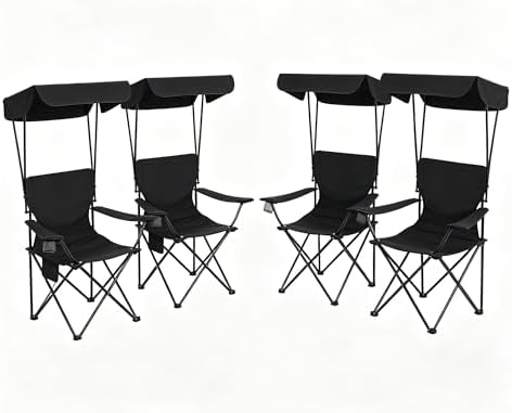 Portable Camping Chair 4 Pack with Foldable Canopy, Folding Outdoor Chair with Cup Holder & Side Pocket for Camping, Hiking, Picnic, Beach (Black)