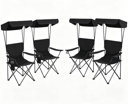 Portable Camping Chair 4 Pack with Foldable Canopy, Folding Outdoor Chair with Cup Holder & Side Pocket for Camping, Hiking, Picnic, Beach (Black)