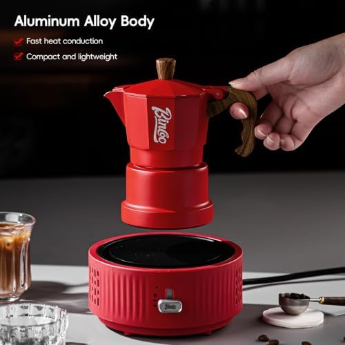 Bincoo Three-valve Espresso Maker Stovetop,2 Cups Camping Moka Pot Espresso Italian Coffee Maker,Rich Crema,Easy to Use (Red)