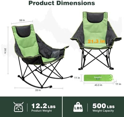 SUNNYFEEL Oversized Rocking Camping Chair 2 Pack, Fully Padded Patio Chair with Side Pocket, High Back Portable Lawn Recliner with Carry Bag, Outdoor Rocker Camp Chairs for Adults Heavy Duty 500 LBS