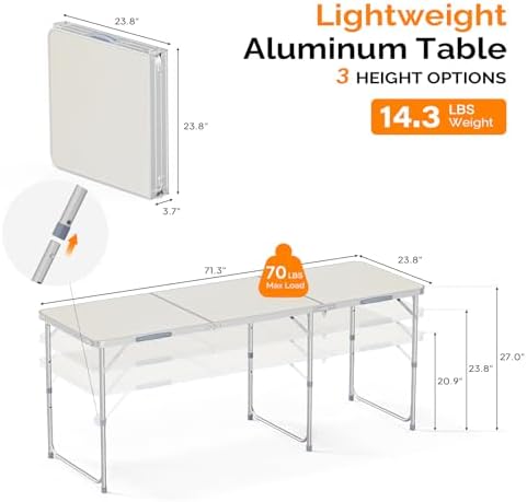VINGLI 6ft Folding Camping Table with Carry Handle,Portable Utility Table Multipurpose for Party Picnic Tailgating Outdoor Patio Garden Indoor Kitchen …