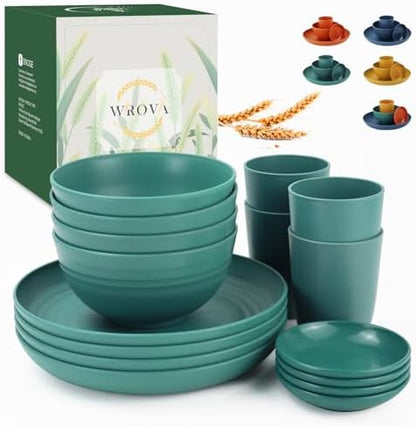 Wrova Wheat straw plates and bowls set of 16 - Unbreakable wheat straw dinnerware sets for kids - Alternative plastic dinnerware set service for 4 - Microwave safe and Dishwasher safe bowls. Green