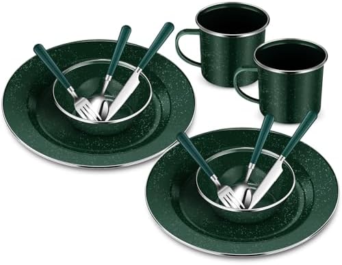 Nuogo 12 Pcs Enamel Camping Tableware Set Dinnerware Kit