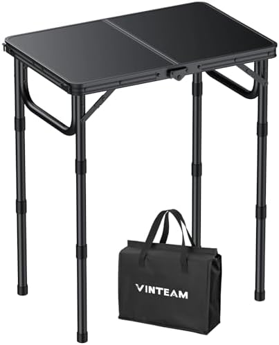 VINTEAM Camping Folding Table with Adjustable Height, Lightweight Portable Outdoor Picnic Table, BBQ Grill Side Table, Durable Aluminum Frame, MDF Desktop for Camping, Fishing, RV, Beach (Black)