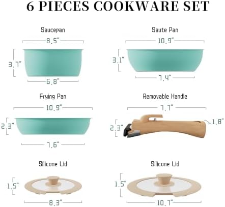 ShanSon 6 Pieces Kitchen Non-Stick Cookware Sets with Removable Handle, Stackable Pots and Pans Set Nonstick for Induction Gas RVs Camping Space Saving，Green