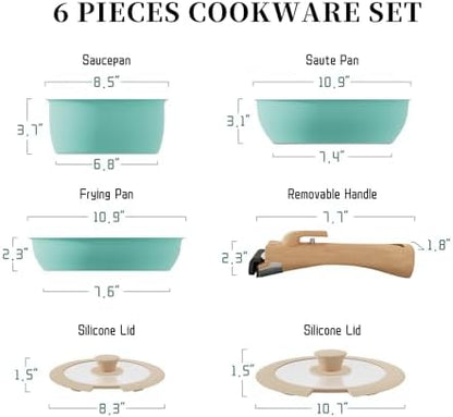 ShanSon 6 Pieces Kitchen Non-Stick Cookware Sets with Removable Handle, Stackable Pots and Pans Set Nonstick for Induction Gas RVs Camping Space Saving，Green
