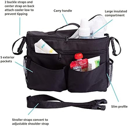 J.L. Childress Cool 'N Cargo Stroller and Wagon Cooler and Organizer - Universal Fit - Insulated - Attaches to Strollers, Wagons, Walkers and Wheelchairs - Large Capacity - Black