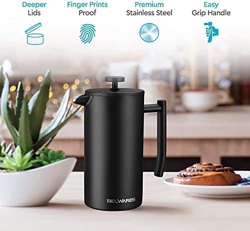 Large Insulated French Press Coffee Maker, Matte-Black Stainless Steel 50oz
