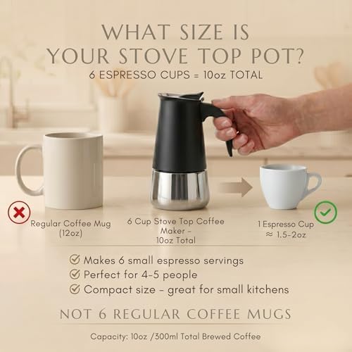 Mixpresso 6 Cup Greca Moka Pot, Stainless Steel Stovetop Espresso Maker