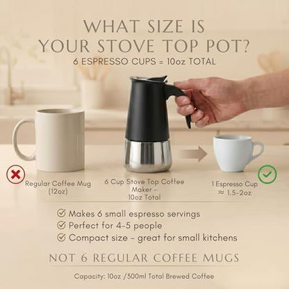 Mixpresso 6 Cup Greca Moka Pot, Stainless Steel Stovetop Espresso Maker