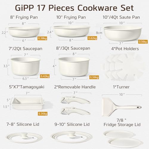 GIPP Pots and Pans Set Non Stick,Kitchen Cookware Set Detachable Handle, Non Toxic Cooking Pan Set with Frying Pans Set,RV Cookware Sets for All Stoves, Cream White, 17PCS