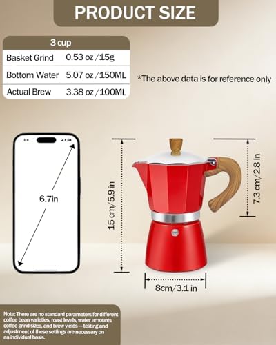 Coffee Maker Stovetop Espresso Maker 3 Cup Aluminum Moka Pot Percolator 5oz 150ml Easy Brewing for Electric Ceramic Stoves Home Camping Italian Cuban Café Classic Sip Sized Red