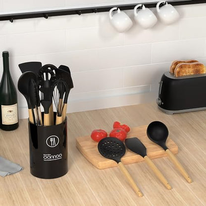 oannao Silicone Cooking Utensils Set Utensil Sets - 446°F Heat Resistant Silicone Kitchen Utensils Set Wooden Handles, Silicone Utensils for Cooking w Holder for Non-Stick Cookware BPA FREE (Black)