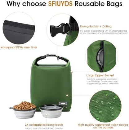 Dog Food Travel Bag Pet Food Container2PCS Collapsible Dog Travel Bowls and Zipper Side Pocket 20L (Green, Large)