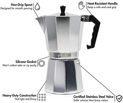 Primula Classic Stovetop Espresso and Coffee Maker, Moka Pot for Italian and Cuban Café Brewing, Greca Coffee Maker, Cafeteras, 9 Espresso Cups, Silver