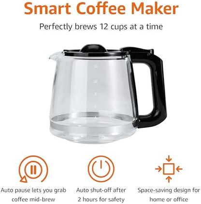 Amazon Basics 12 Cup Drip Coffee Maker with Glass Carafe (1.9 Qt), Auto Shut-off, Auto Pause, Removable Filter Basket, Black & Silver