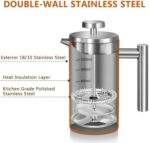 Large French Press Coffee Maker 50oz (1.5L), 304 Stainless Steel Double Wall Insulated Coffee Press for Camping, Backpacking, Party, Travel, Gift Set, Dishwasher Safe (Silver, 6-8 Cups)