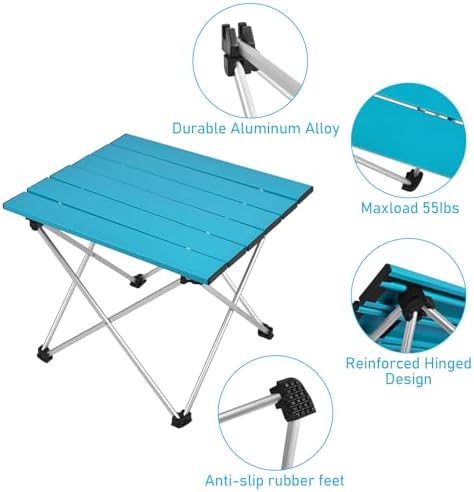 Tesouro Portable Camping Table,Folding Side Table Aluminum Top for Outdoor Cooking, Hiking, Travel, Picnic (Blue-Large)