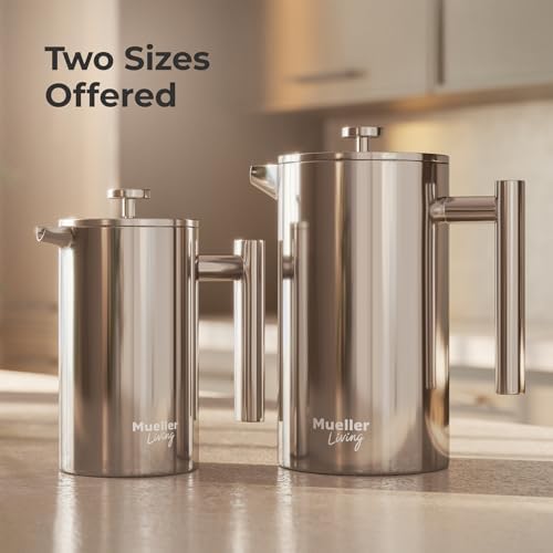 MuellerLiving French Press Coffee Maker 20oz, Stainless Steel French Press Coffee, 4 Filter Heat Resistant Double Insulated, Rust-Free, Food Grade, Dishwasher Safe Coffee Pot