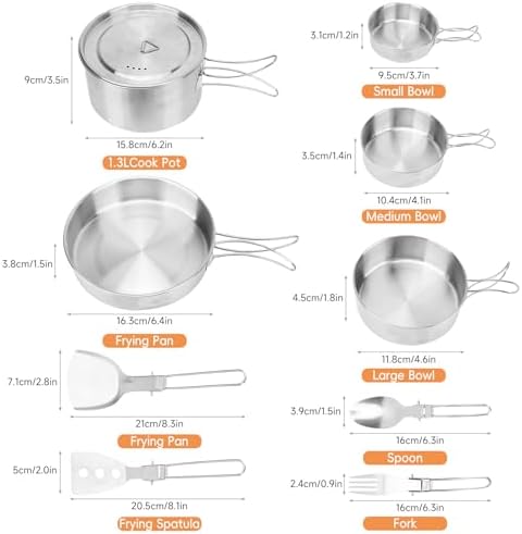 13 Piece Camping Cookware Set Stainless Steel Pots and Pans Set with Folding Forks Spoons Spatulas, Portable Lightweight Camping Mess Kit for Backpacking, Outdoor Cooking