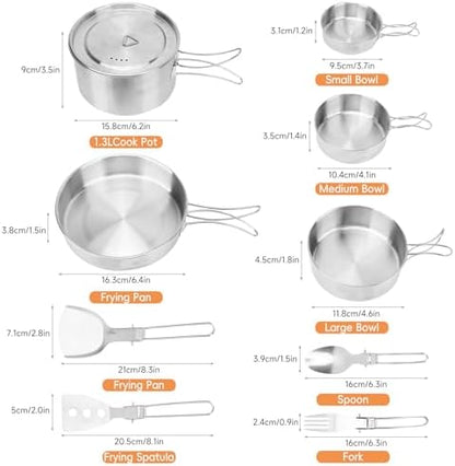 13 Piece Camping Cookware Set Stainless Steel Pots and Pans Set with Folding Forks Spoons Spatulas, Portable Lightweight Camping Mess Kit for Backpacking, Outdoor Cooking