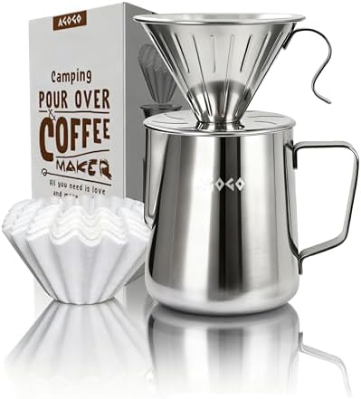 AGOGO Stainless Pour Over Coffee Maker Set, 50 Paper Filters, 30oz, Sliver