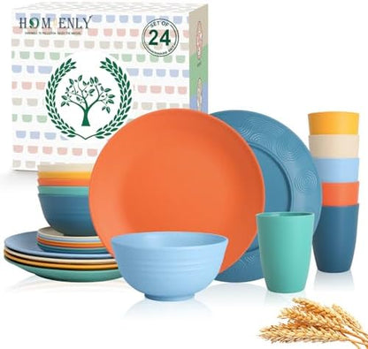 Homienly Unbreakable Wheat Straw Dinnerware Set - Plastic Plates and Bowls Sets Alternative, 24-Piece Dishes Set for Apartment, RV, Party, Microwave and Dishwasher Safe Plates, Bowls, Cups(Multi)