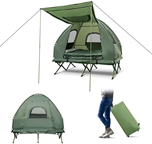 DORTALA 2-Person Tent Cot, Foldable Elevated Camping Tent w/Air Mattress & Sleeping Bag, Portable Dome Camping Tent Cot for Hiking, Camping & Picnic