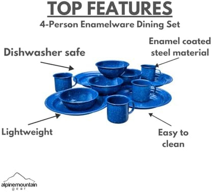 4-Person Enamelware Dining Set for Camping and Backpacking - Camping Gear Essentials for Camping and Backpacking by Caddis Sports