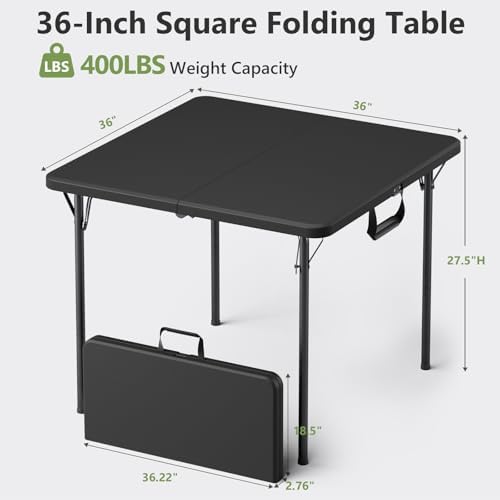 36 Inch Folding Card Table, Heavy Duty Square Folding Game Table with Carrying Handle, Fold-in-Half Portable Utility Table, No Assembly, Indoor Outdoor for Party, Camping, RV Travel