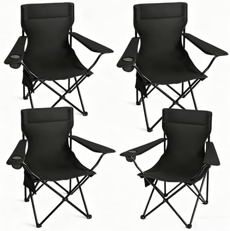 Portable Camping Chair 4 Pack, Folding Outdoor Chair with Cup Holder & Side Pocket for Camping, Hiking, Picnic, Beach (Black)