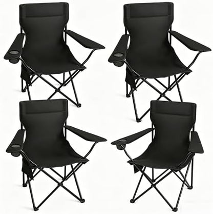 Portable Camping Chair 4 Pack, Folding Outdoor Chair with Cup Holder & Side Pocket for Camping, Hiking, Picnic, Beach (Black)