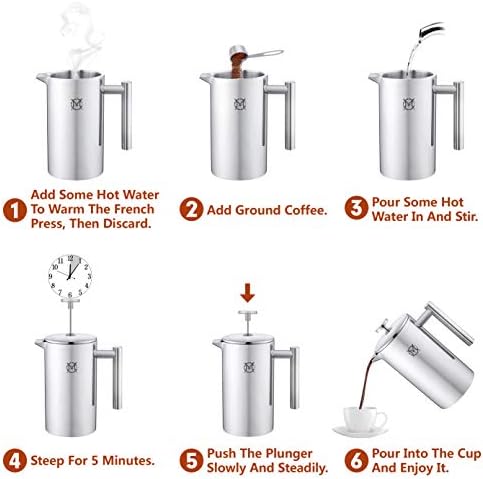 French Press Coffee Maker – Single Serve 1 Cup Small Stainless Steel Thermal Double Walled French Press 350ML/12OZ