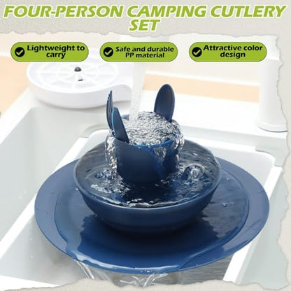 Tioncy 29 Pcs Dinnerware Set for Camping 4 People Camping Bowls Plates Cups Utensils Set Plastic Reusable Unbreakable Dish Sets with Drawstring Bag for Travel Picnic Outdoor Dishwasher Safe
