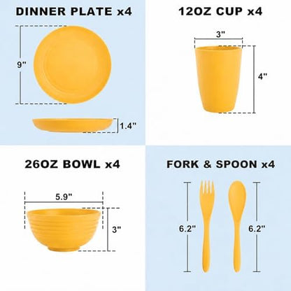 20 Piece Wheat Straw Dinnerware Sets for 4, Unbreakable Dish Set,Reuseable Kids Plates and Bowls Sets for 4, Lightweight Kitchen Dishware Set for Camping, Picnic, and Famliy Meal - Yellow