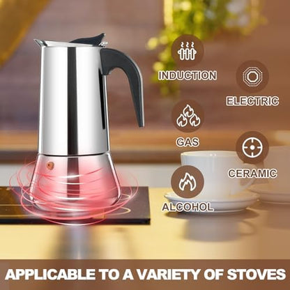 4 Cup Stovetop Espresso Maker Stainless Steel Moka Pot Stove Top Percolator Italian Coffee Makers Capable Mocha Greca Machine Cafe Classic Induction Cookers for Home and Camping 200ml 6.6oz