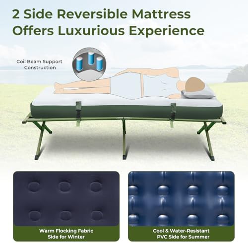 GYMAX Tent Cot, 5-in-1 Folding Camping Cot with Mattress & Pillows, Sleeping Bags, Sunshade, Camping Tent Elevated with Carrying Bag for Outdoor Hiking, Fishing, Picnic (2-Person)