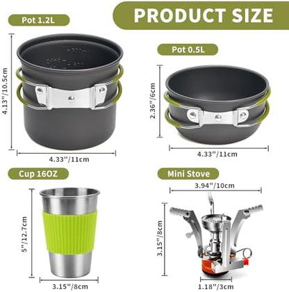 aiGear 8pcs Camping Cooking Set for 1-2 People with Pot Cutlery Stove Stand