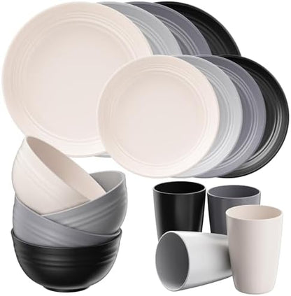 Quatish 16 Pcs Plates and Bowls Sets, Plastic Dinnerware Sets for 4, Grey