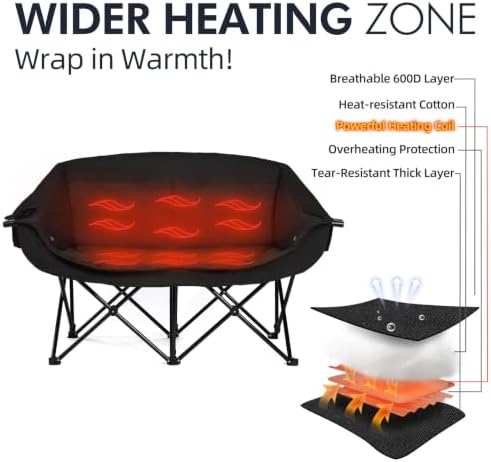 Heated Double Camping Chair - Heated Loveseat Padded Chairs for 2 Person